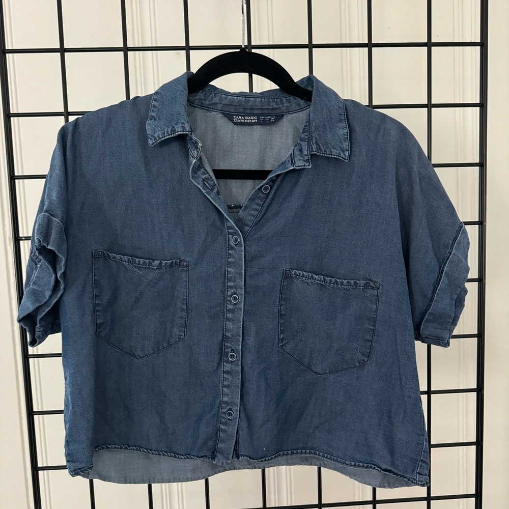 Zara denim boxy crop top shirt | Size L